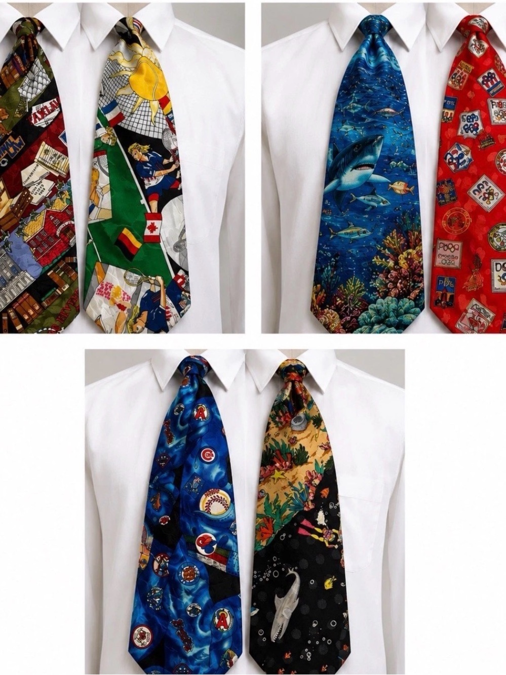 Set 6 Nicole Miller Multicolor Novelty Printed Silk Ties Red, Green, Blue, Brown